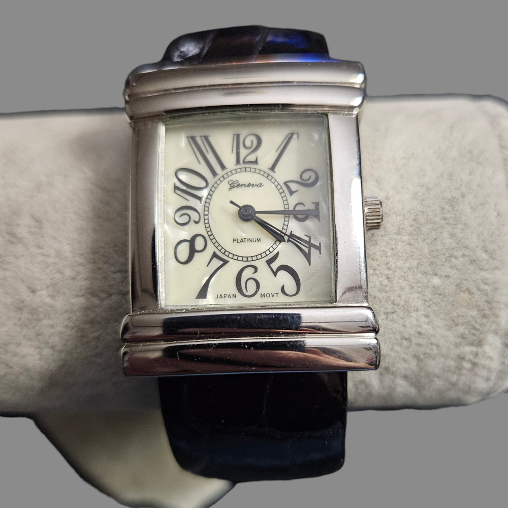 Geneva Platinum Silver Tone Rectangle Analog Watch Black Faux Croc Band